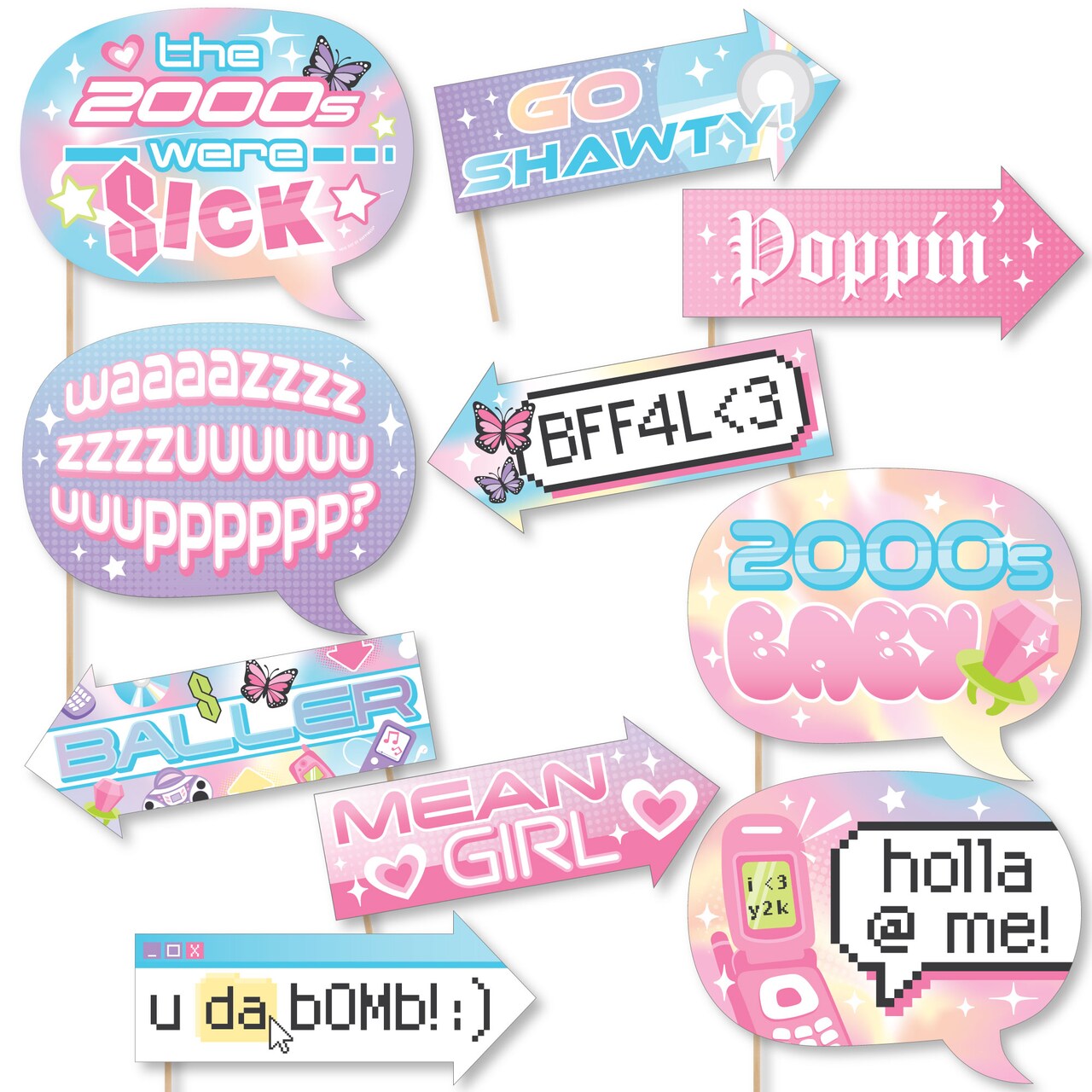 Big Dot of Happiness Funny 00s Y2K - 2000s Party Photo Booth Props Kit - 10 Piece